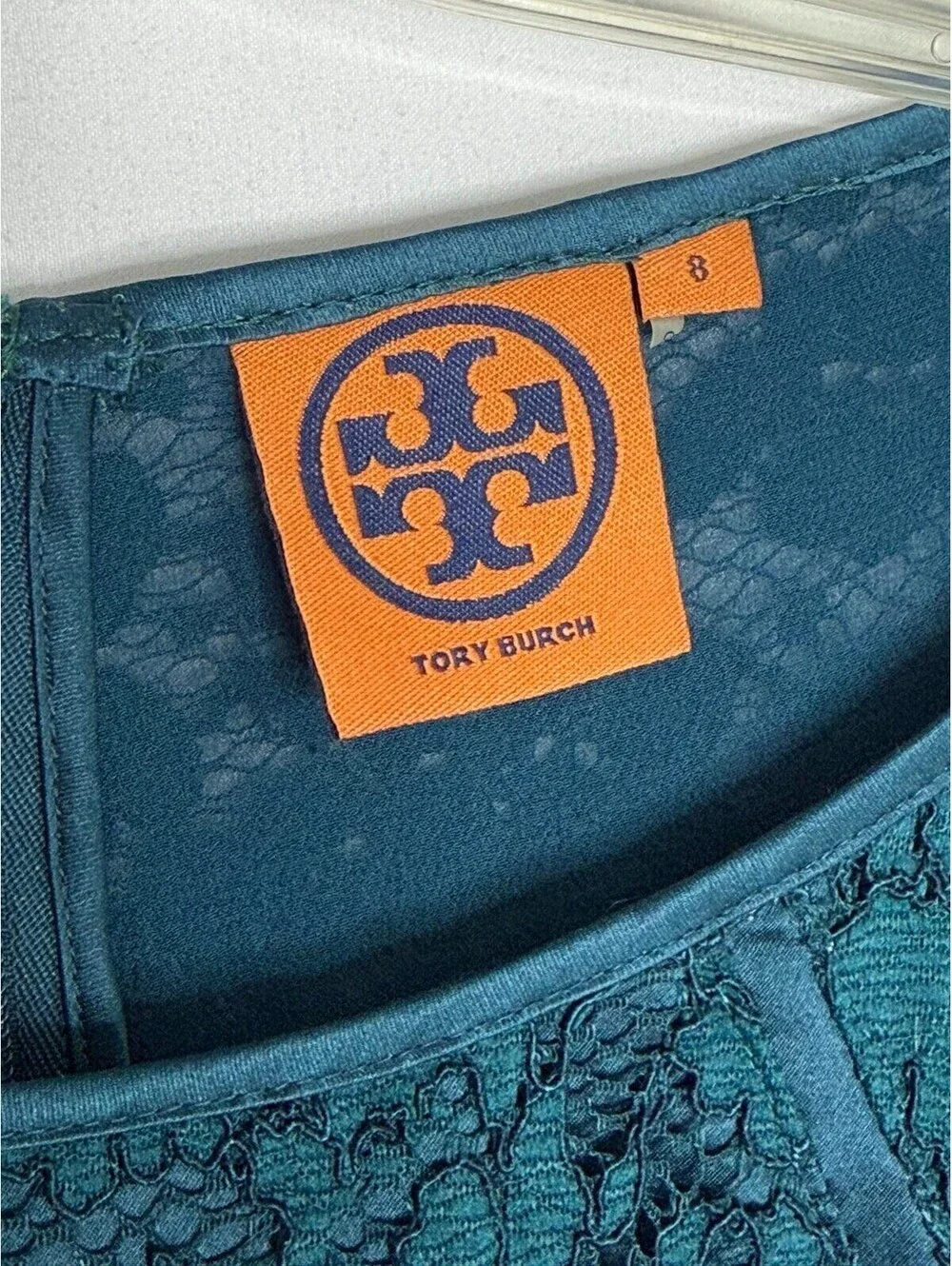Tory Burch Teal Lace Cocktail Dress 8 Silk Ruffle Puff Sleeve